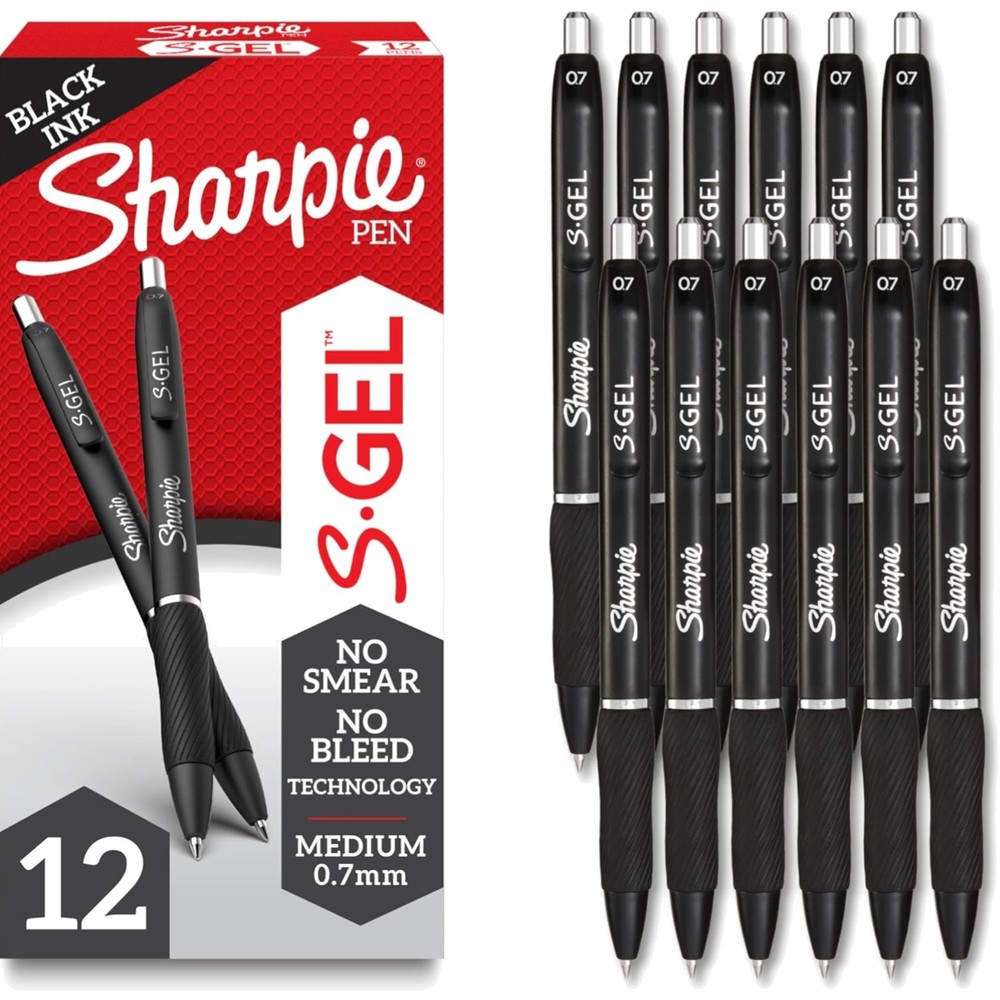 Gel Pens Black Barrel Medium Point 0.7mm Black Gel Ink 12 Count