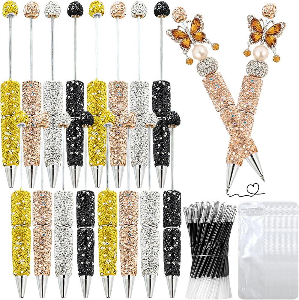48 Pcs DIY Diamond Beadable Pen Kit – 16 Plastic Rhinestone Beaded Pens Bulk wit