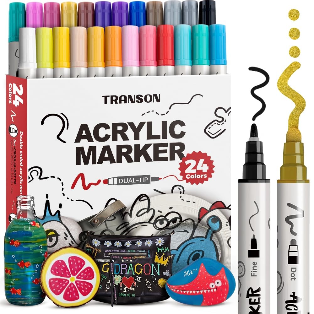 TRANSON 24 Color Bold and Fine Dual-Tip Acrylic Paint Pen Set for Canvas Rock Wo