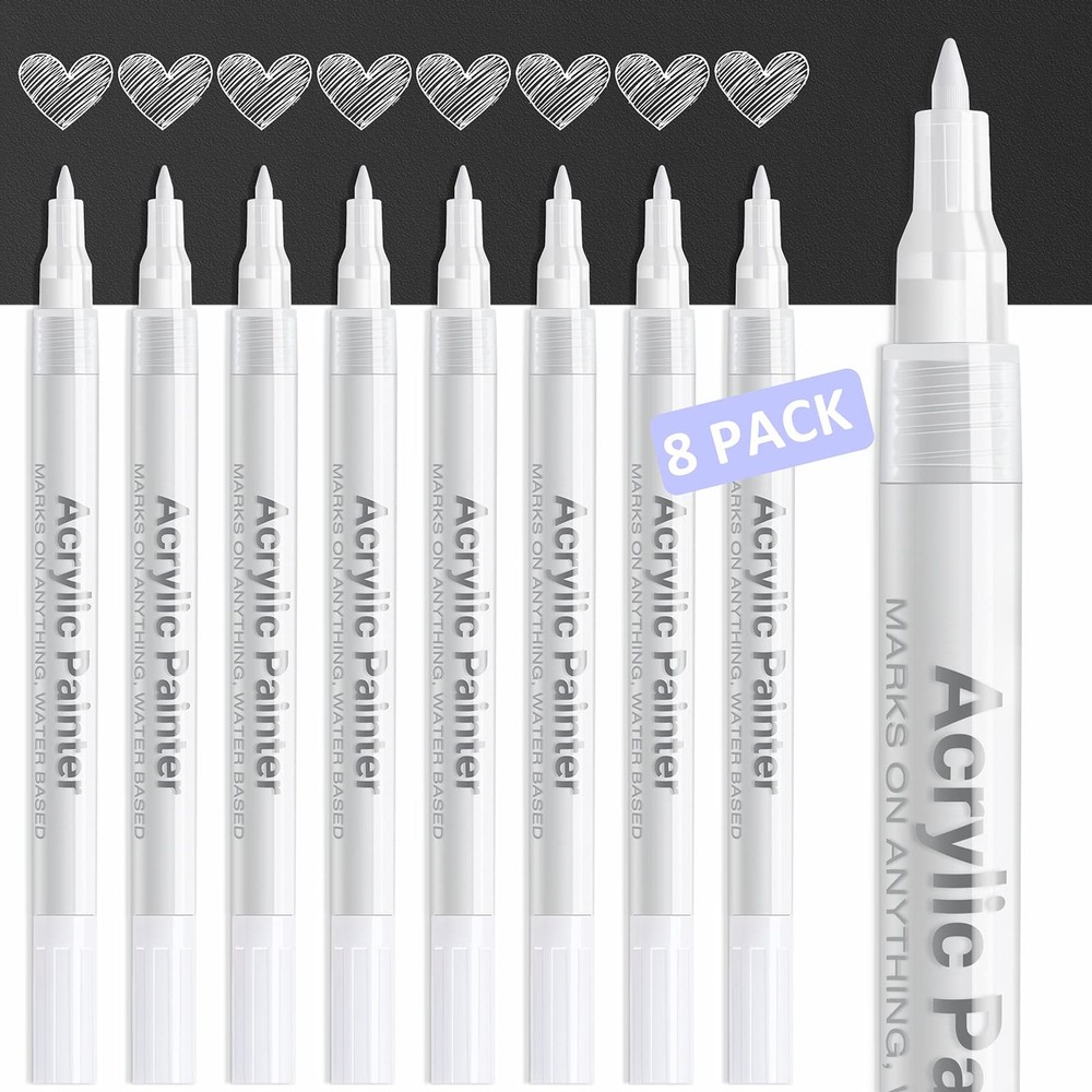 AKARUED White Paint Pen Acrylic Marker 8 Pack 0.7mm White Paint Marker for