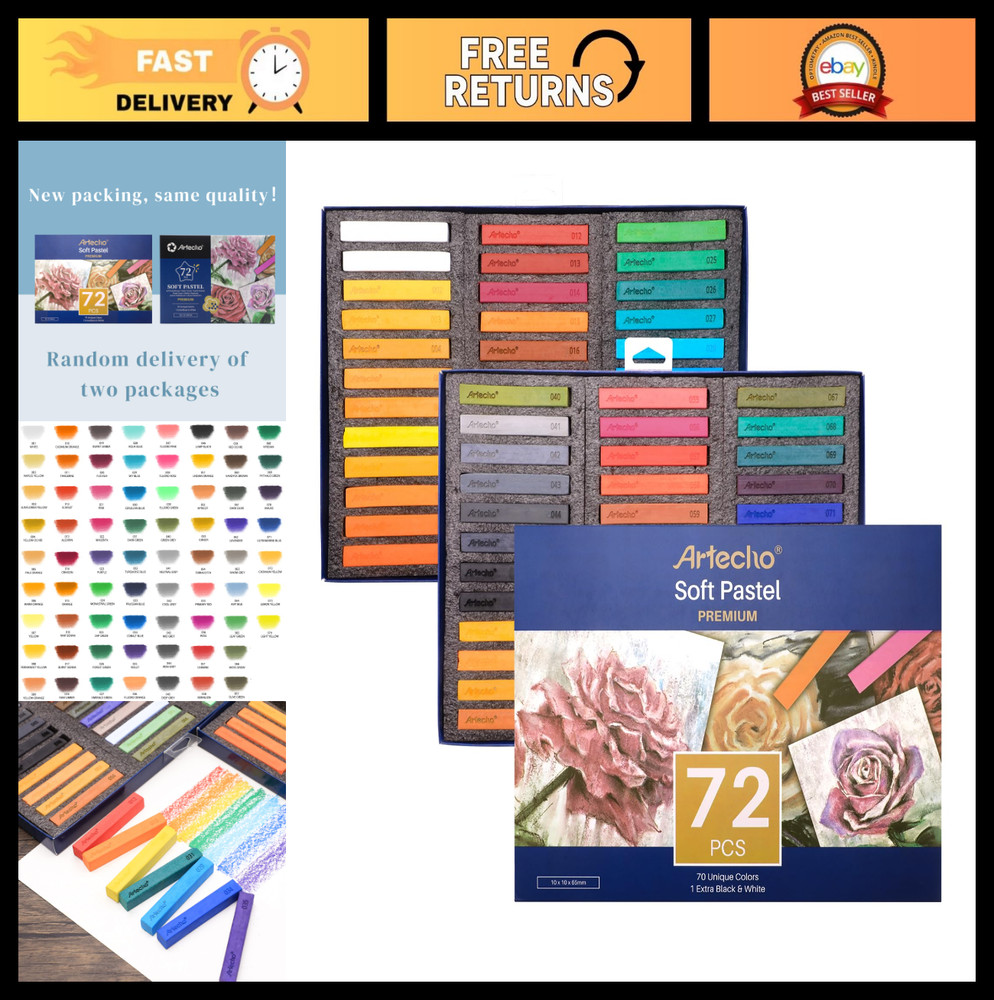 72pcs Soft Pastels Set – 70 Colors + 4 Fluorescent, Black & White Chalk for Draw