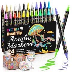 Betem 24 Colors Dual Tip Acrylic Paint Pens Fine & Brush Markers Art Craft Set