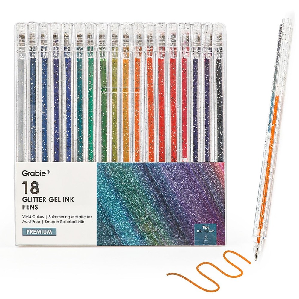 Grabie Capped Glitter 1 Count (Pack of 1), 18 Colors Gel Pens