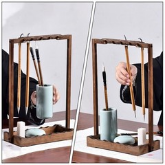 Chinese Brush Shelf Pen Hanger Wood Brush Stand Rack Hanger with 10 Pins Call…