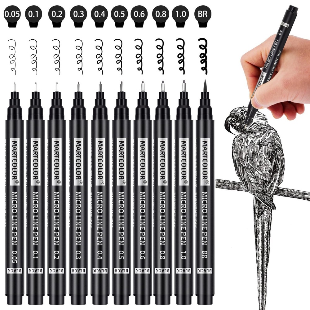 10 Size Fine Point Black Micro Pen Set Waterproof Ink for Drawing Illustration