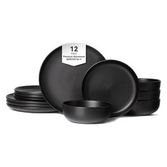 12-Piece Stoneware Dinner Plates Bowls Sets | Microwave & Dishwasher Safe | Non-