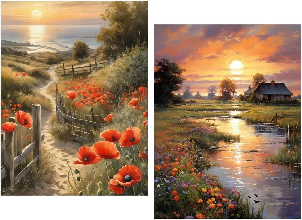 2 Pack Paint by Numbers Kit for Adults – Landscape Flowers Sunset Paint by Nu…