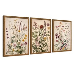 AVECCO Vintage Color Wildflower Canvas 3 Pieces Wall Art, Nature Floral Artwo…