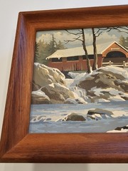 VINTAGE Covered Bridge PAINT BY NUMBER Wood Frame 16 3/4″x 12 3/4″ Winter River