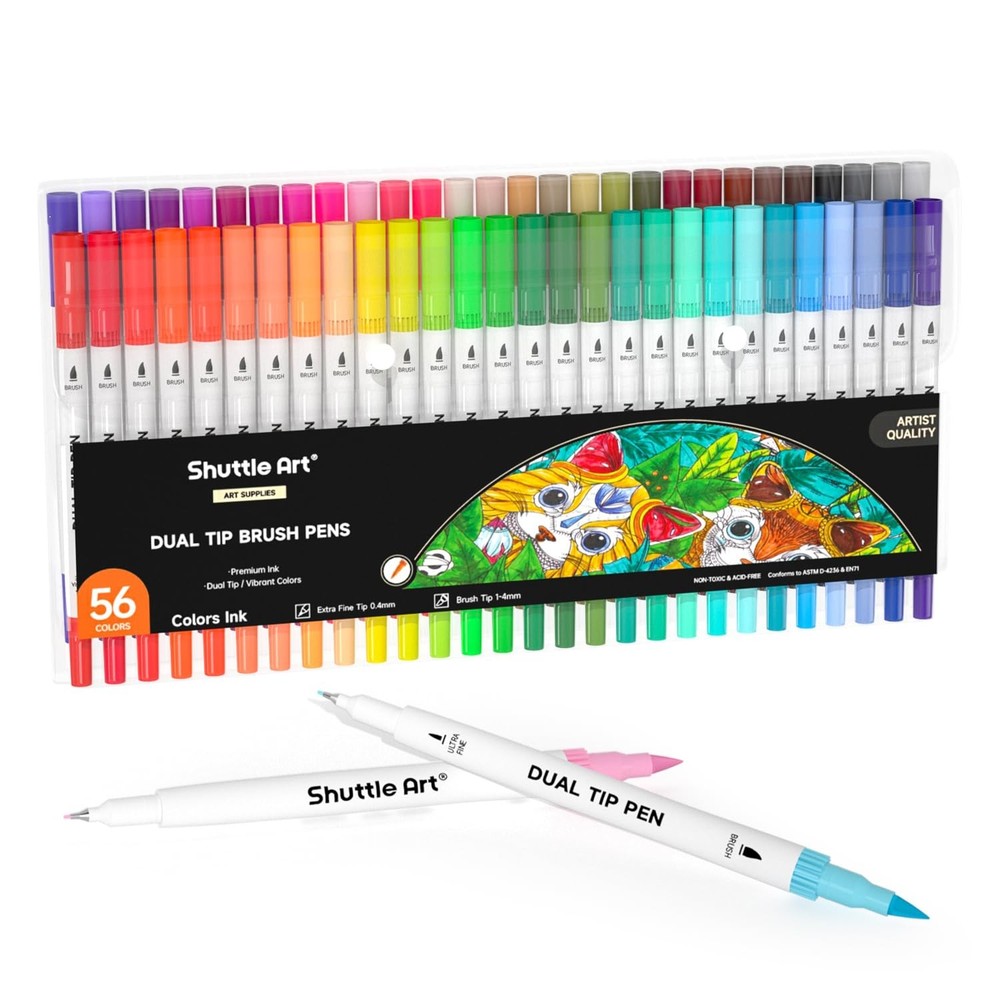 56 Colors Dual Brush Marker Pens Waterbased Ink Calligraphy Fineliner Tip