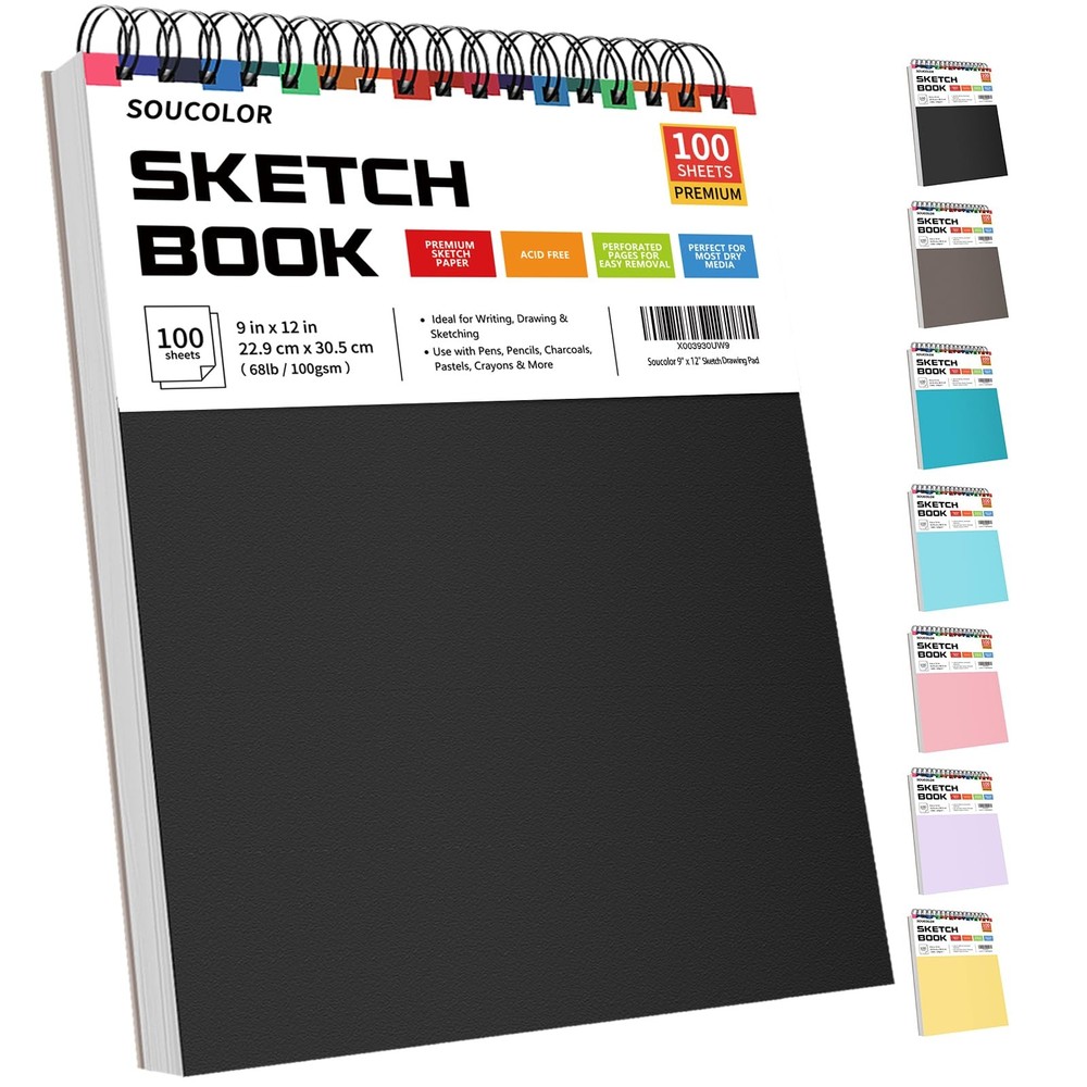 Soucolor 9″ x 12″ Sketch Book, 100 Sheets Top x (Pack of 1), Black