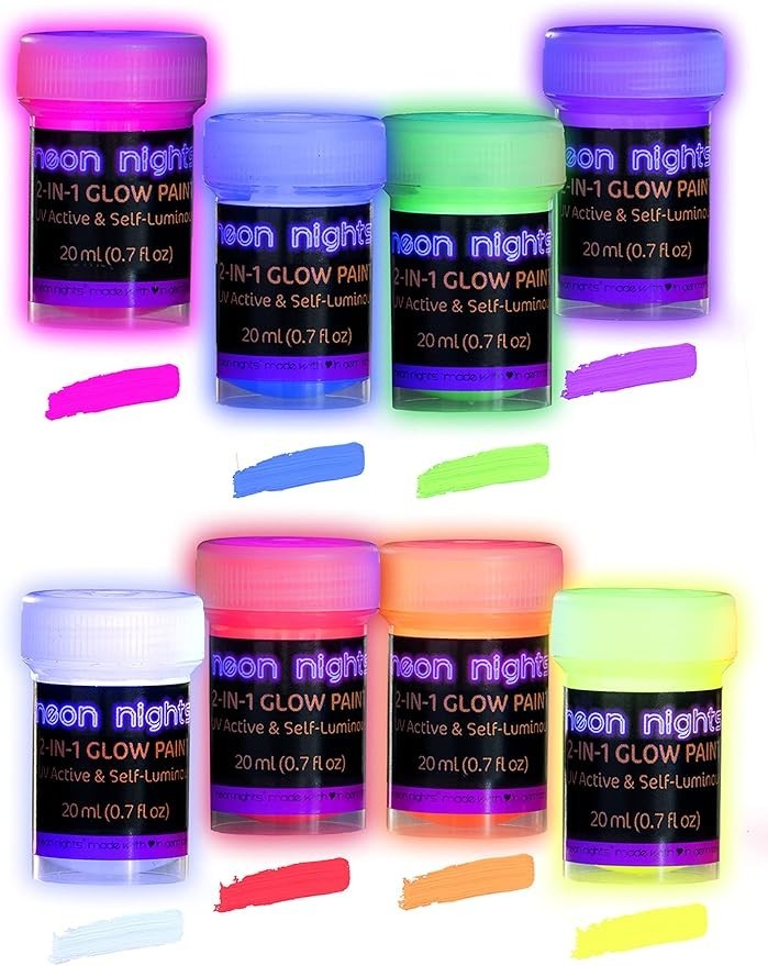 Neon Nights 2-IN-1 Glow In The Dark Acrylic Paint Set UV Blacklight – Set of 8!