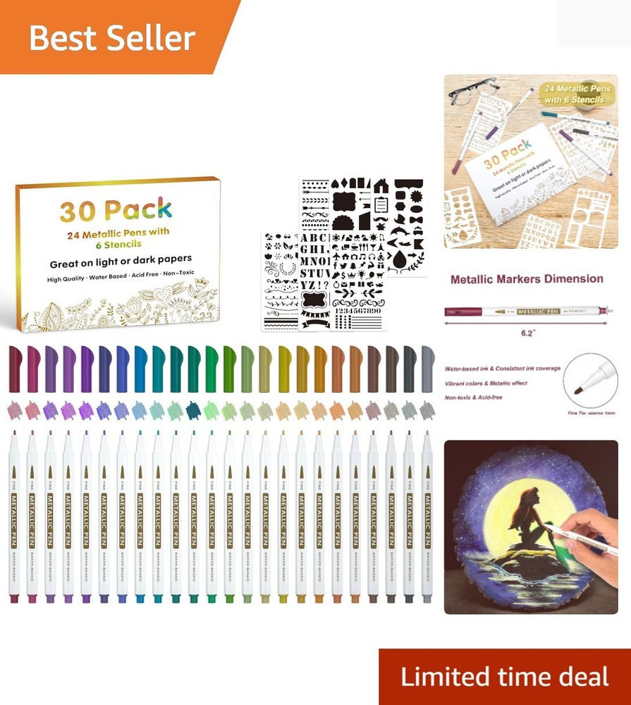 30 Pack Metallic Marker Pens: 24 Colors Fine Tip + 6 Stencils for Art Projects