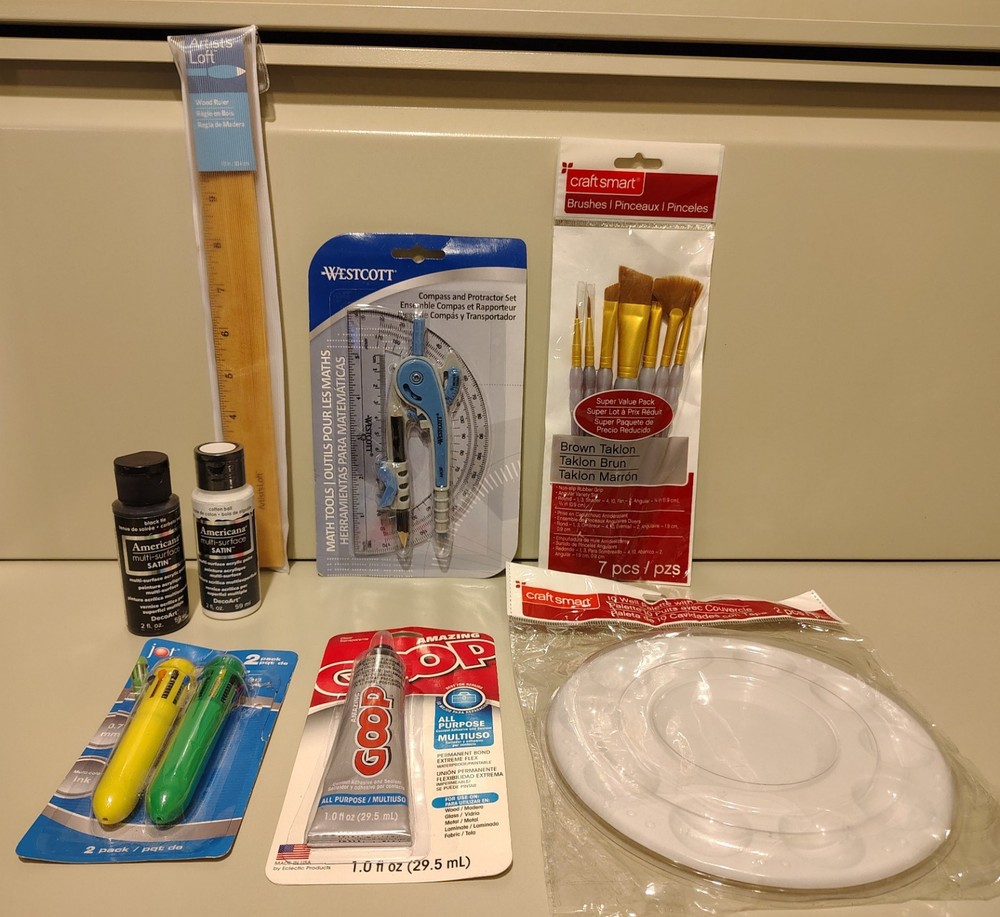 DIY Craft & School Supply 8 pc.Lot – Acrylic Paint, Paintbrushes, Compass, Goop