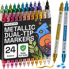 24 Metallic Dual-Tip Acrylic Paint Markers Set – Fine & Dot Tips for Fabric, Roc
