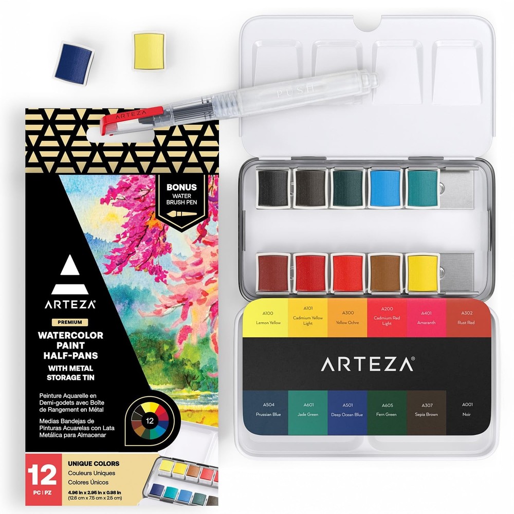 Paint, Set of 12 Assorted Vibrant Colors in Half Pans, Tin with Water Brush P…