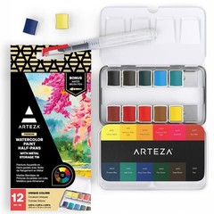 Paint, Set of 12 Assorted Vibrant Colors in Half Pans, Tin with Water Brush P…