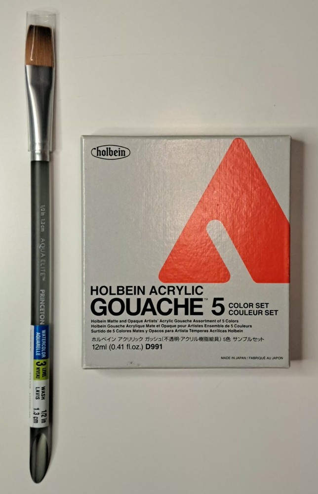 Holbein Acrylic Gouache 5 Color Set 12ml + Princeton Aqua Elite Watercolor Brush