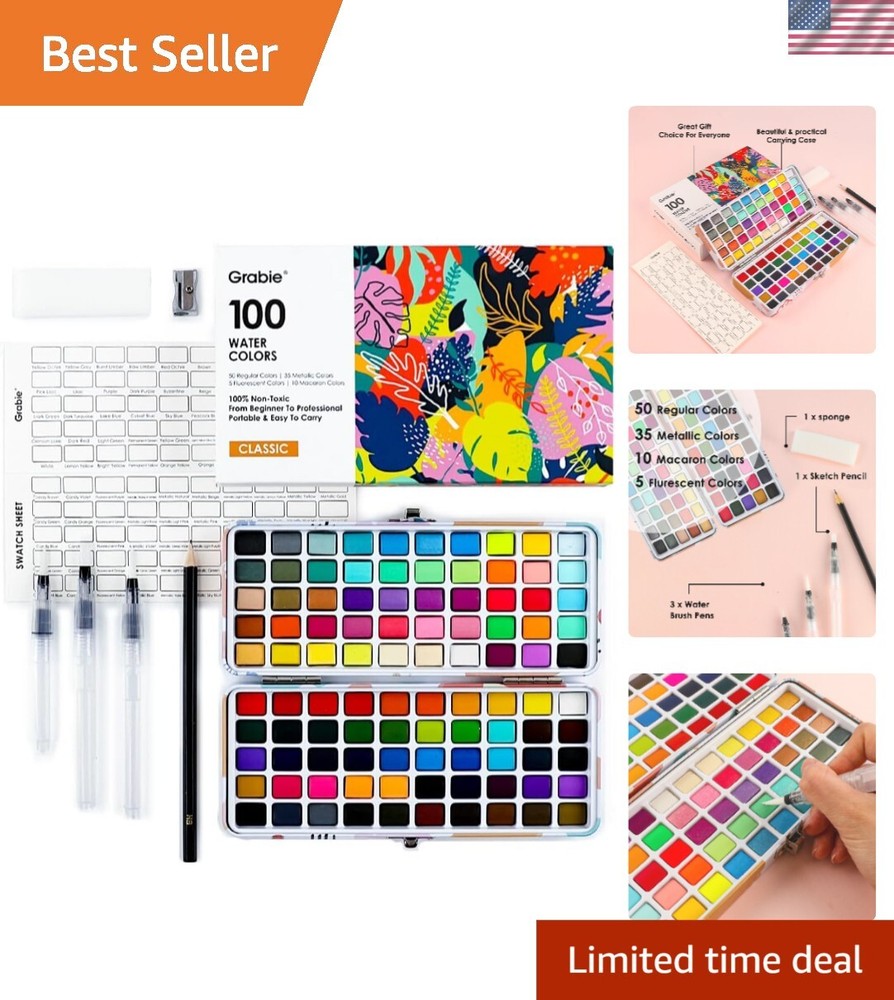 Professional 100-Color Watercolor Paint Set – Includes Metallic & Macaron Shades