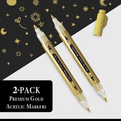 2 Gold Acrylic Paint Pen | Set 2 Gold Paint Marker Metallic | Dual Tip Fine 0…