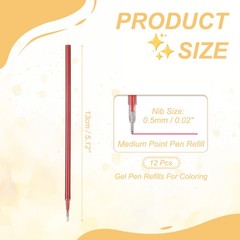 12Pack 0.5mm Gel Pen Refills for Coloring, Medium Point Pens Refills, Red