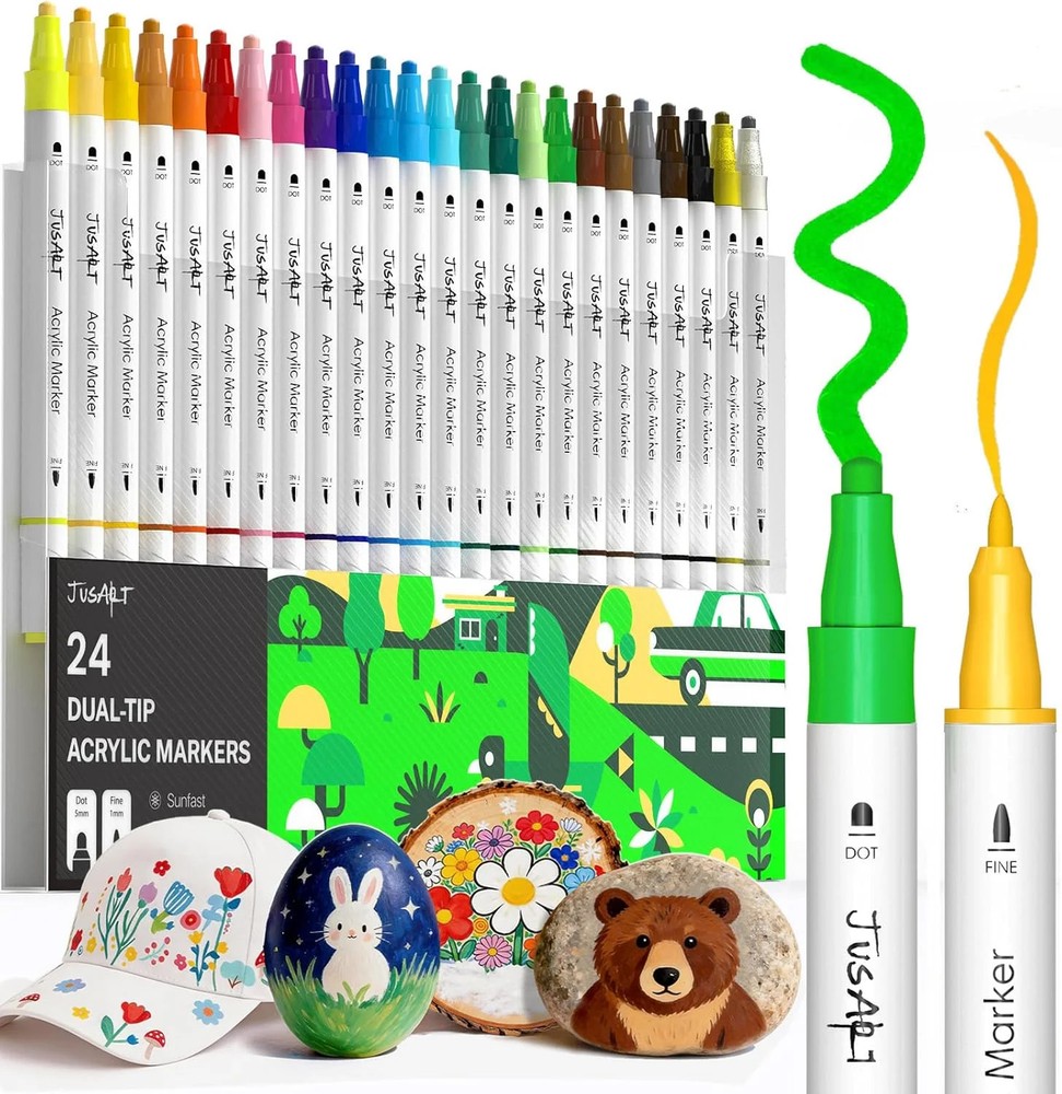 24 Colors Dual Tip Acrylic Paint Markers for Rock Wood Glass Fabric DIY Crafts