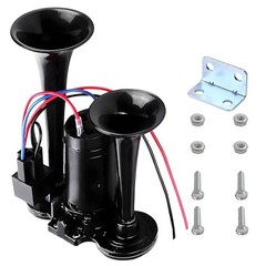 12V Car Air Horn, 120 DB Super Loud Dual Trumpets Electric Train Horn Kit Black