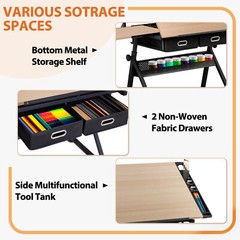 Drafting Drawing Table Tabletop Adjustable Height with Charge Outlet Natural