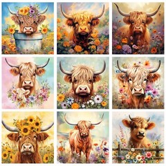 TecUnite 9 Pcs Highland Cow Diamond Painting Art Diamond Painting Kit for Beg…