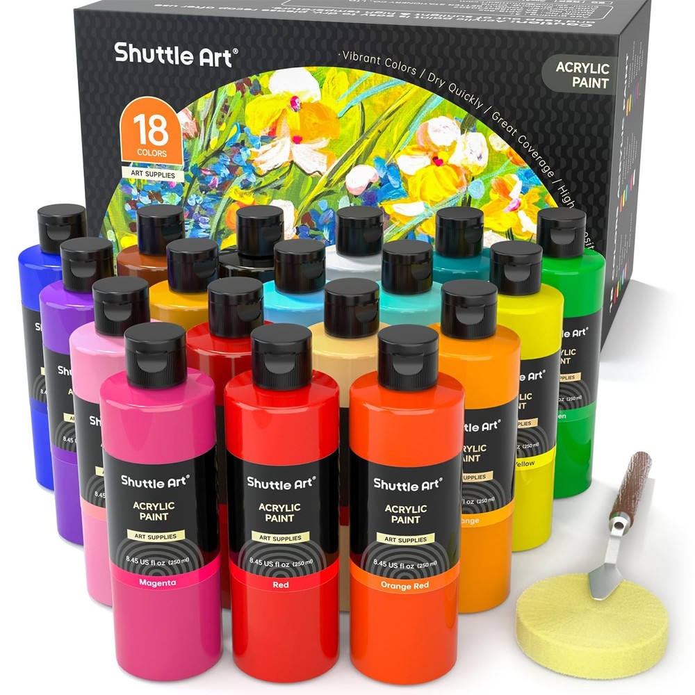 18 Colors Acrylic Paint Set 250ml Bottles Rich Pigment for Canvas Wood Crafts