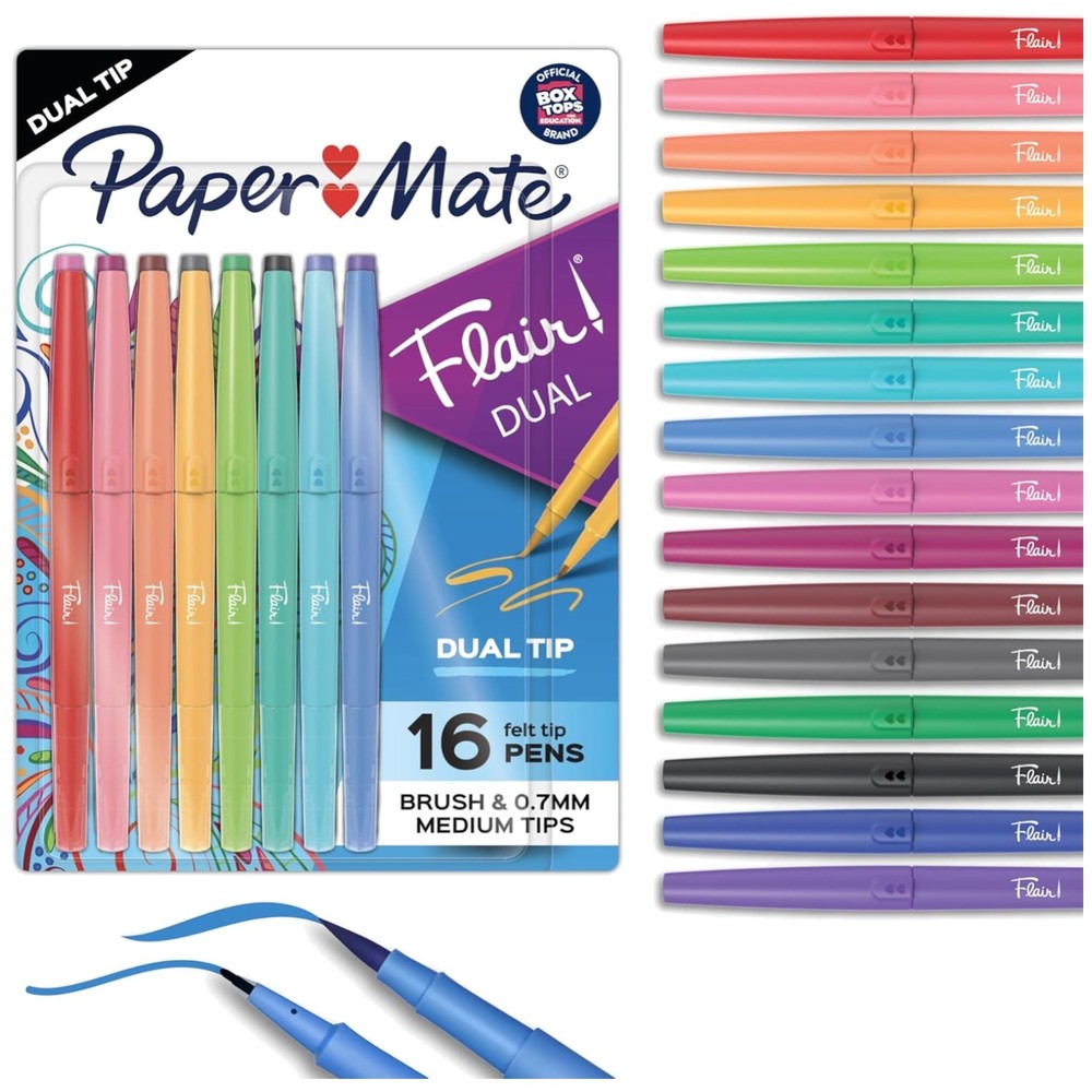 Flair DUAL Felt Tip Pens – 16 Colors, Brush & Medium Tips