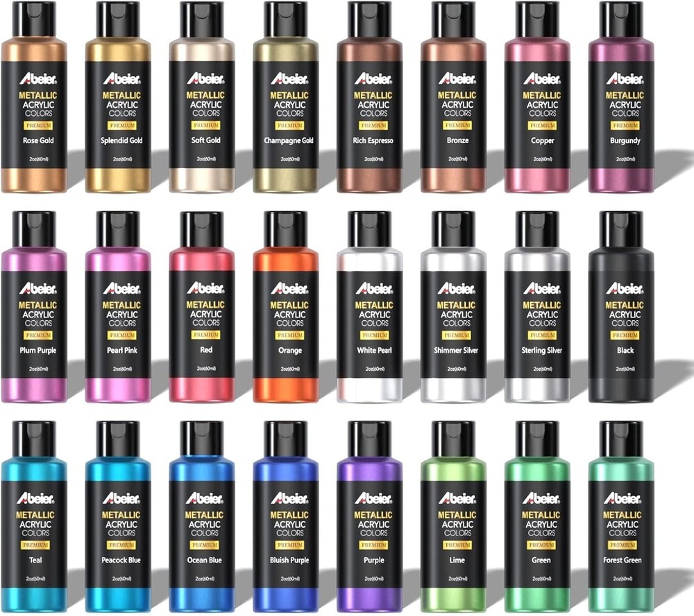 Metallic Acrylic Paint, Set of 24 Metallic Colors in 2oz/60ml Bottle, Rich Pi…