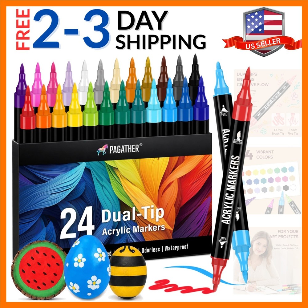 24 Colors Acrylic Paint Markers, Dual Tip with Fine Tip and Brush Tip Pens fo…