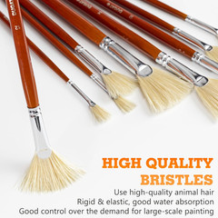 Artist Fan Paint Brush Set of 9 White Hog Bristle Natural Hair Anti Shedding