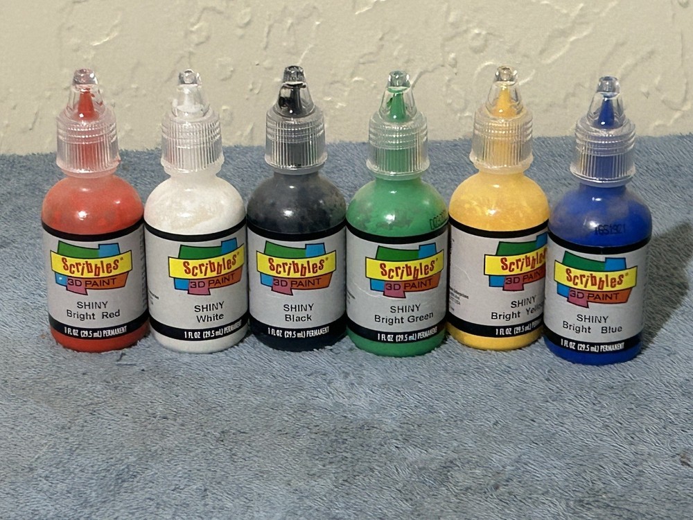 6 SCRIBBLES 3D Fabric Paint Assorted Colors 1 fl oz Ea Bottle Permanent Fabric