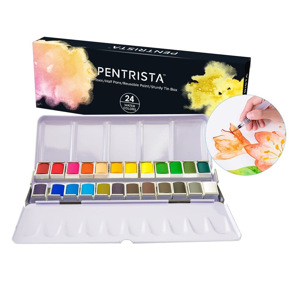 24 Colors Solid Watercolor Paint Set with Refillable Water Brush, Artist-Grad…