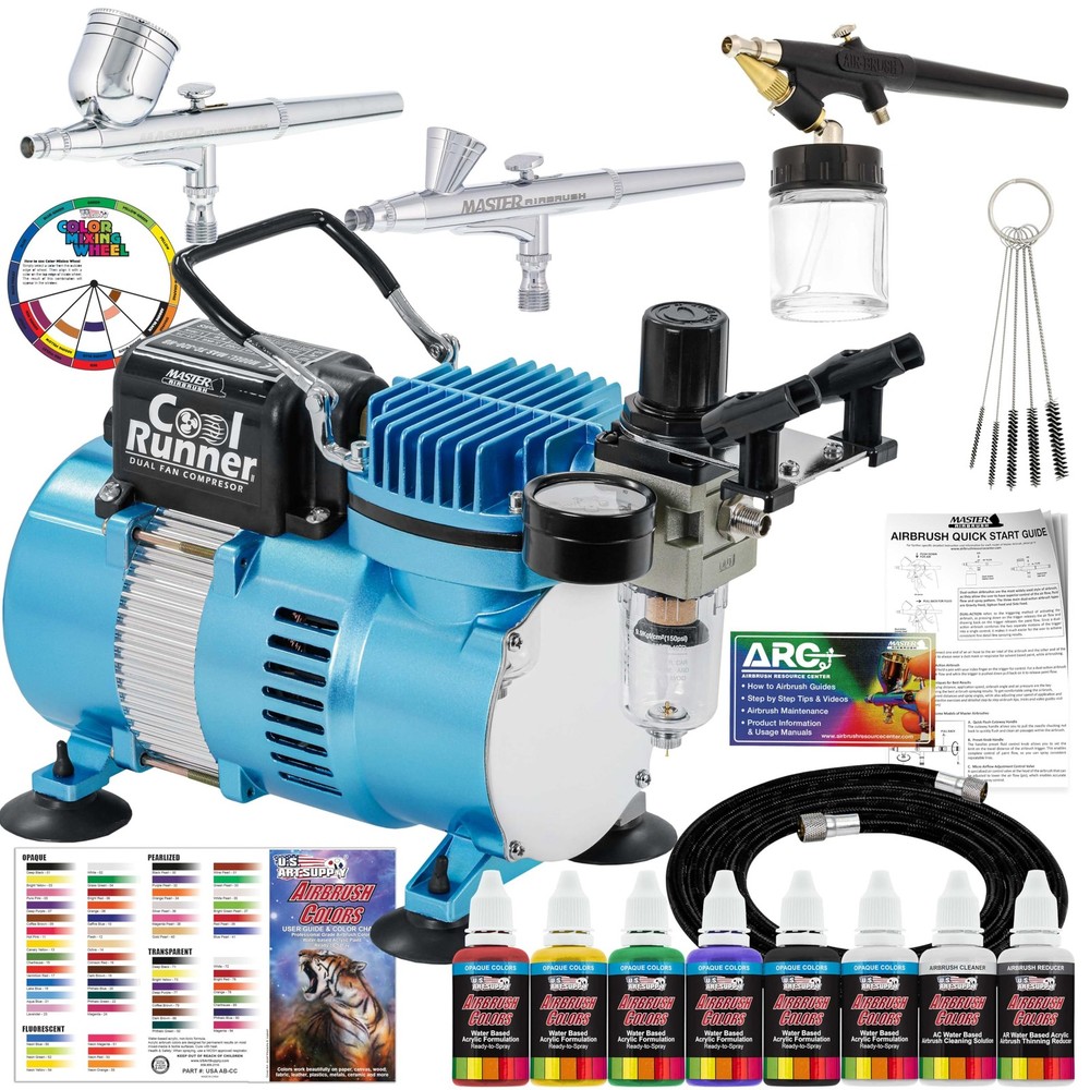 Cool Runner II Air Brush Kit with Air Compressor Dual Fan, 3 Airbrushes, 6 Co…