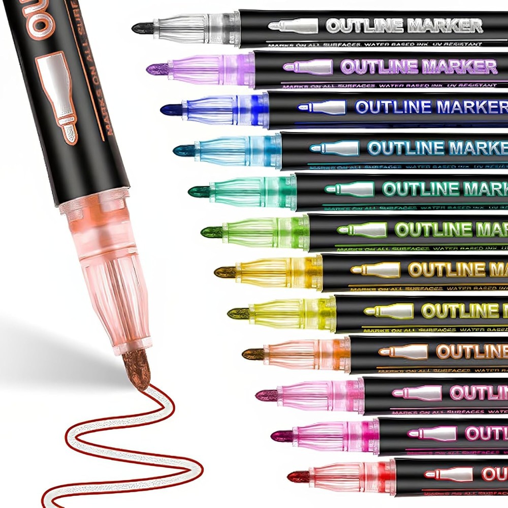 Super Sparkle Double Line Outline Markers 12 Colors Self Outline Metallic Pens