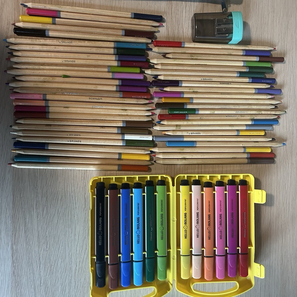 Set Of Pre-Sharpened Colored Pencils and Sharpener And Washable Watercolor Pens