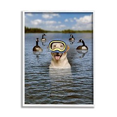 ‘Funny Dog Goggles Swimming Bay’| Framed 20″L x 16″W Coastal White (Textured)