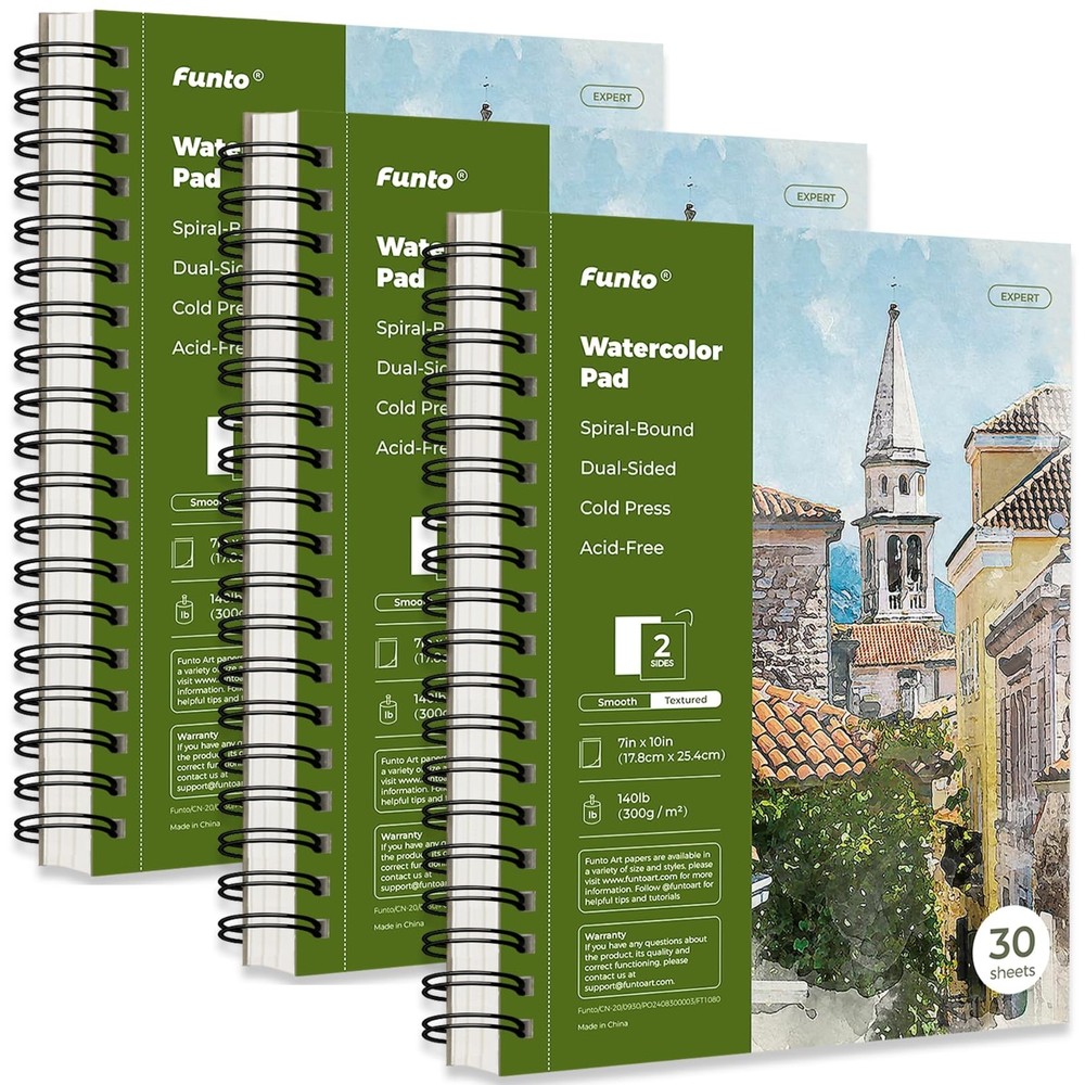 Funto Watercolor Pad 10×7, 3-Pack, 90 Sheets, 140 lb/300 GSM, Double-Sided, C…