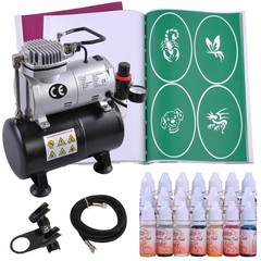 Airbrush Air Compressor Kit 21Ink w/Stencil Book Hose Tattoo Set Spray Body Art