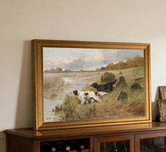 Vintage Golden Framed Canvas Wall Art Retro two Dog and River Painting Pictur…