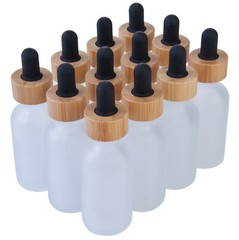 Clear Frosted Boston Round Glass bottles Black Bamboo Cap 1 oz / 30 ml 12 Pack