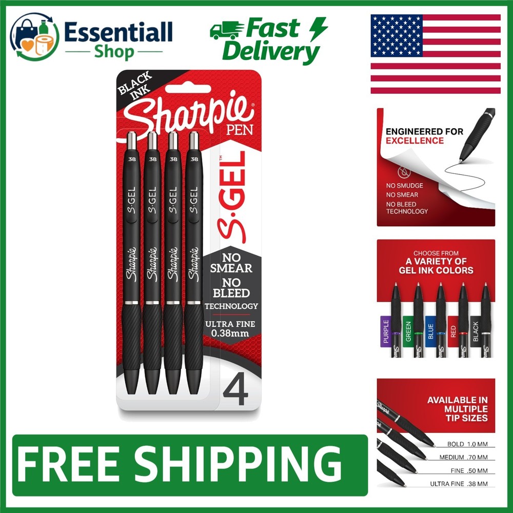 Ultra Fine 0.38mm Black Gel Pens – S-Gel 4 Pack for Journaling & Note-Taking