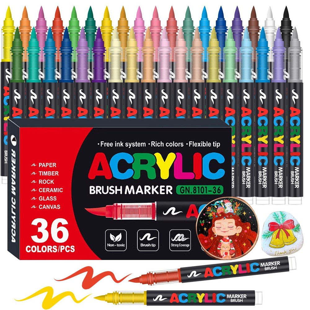 36 Colors Acrylic Paint Markers, Soft Brush Tip Pens and Markers, Acrylic Pai…