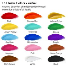 Shuttle Art Acrylic Paint 15 Colors Acrylic Paint Large Bottle Set 473ml/16oz