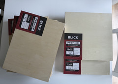 (3) 11″ x 14″ x 1-1/2″ and (2) 12″ x 12″ x 1-1/2″ Blick Premier Wood Panels New