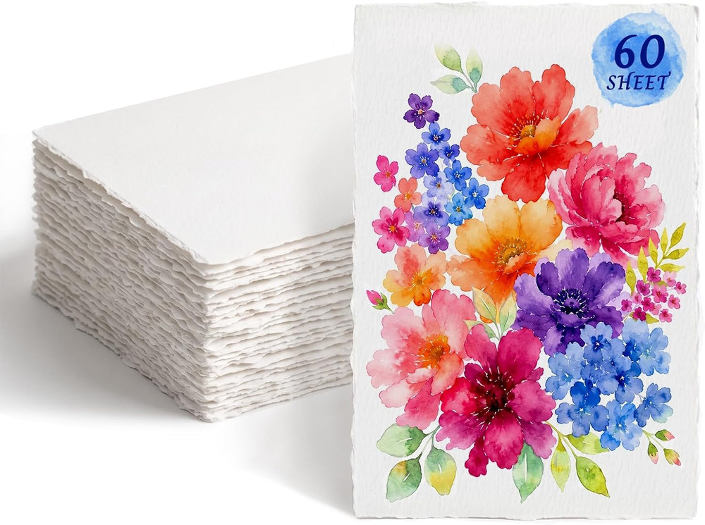 Deckled Edge Watercolor Paper 4X6 Inch, 60 Sheets 300Gsm Thick Cotton Blend, Han
