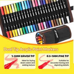 24 Colors Acrylic Paint Markers, Dual Tip with Fine Tip and Brush Tip Pens for S